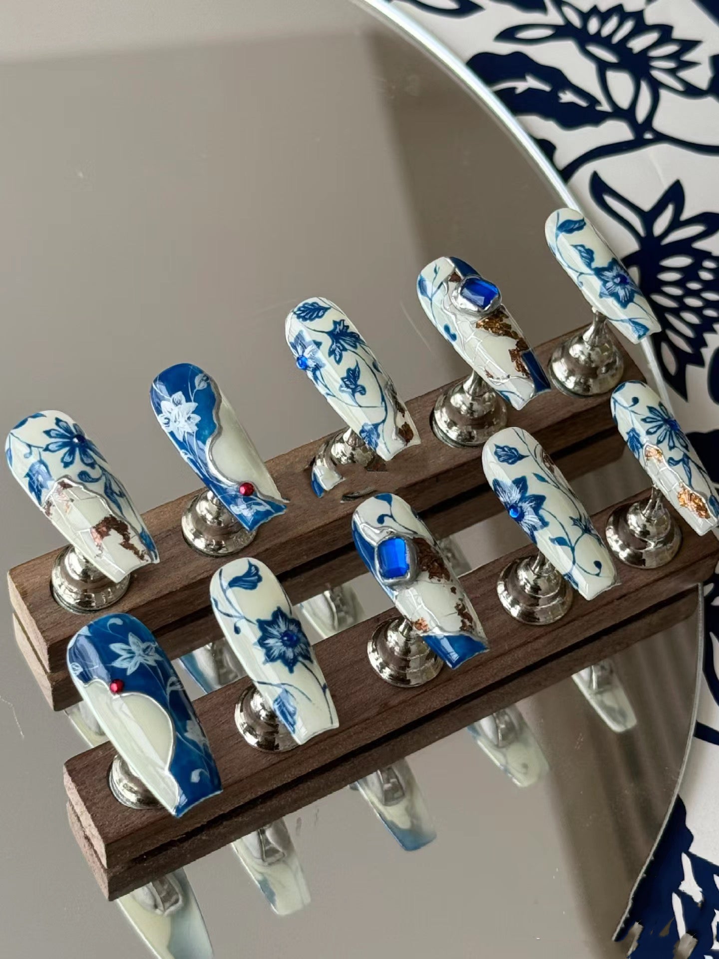 Custom blue and white porcelain hand-painted nails hand made acrylic