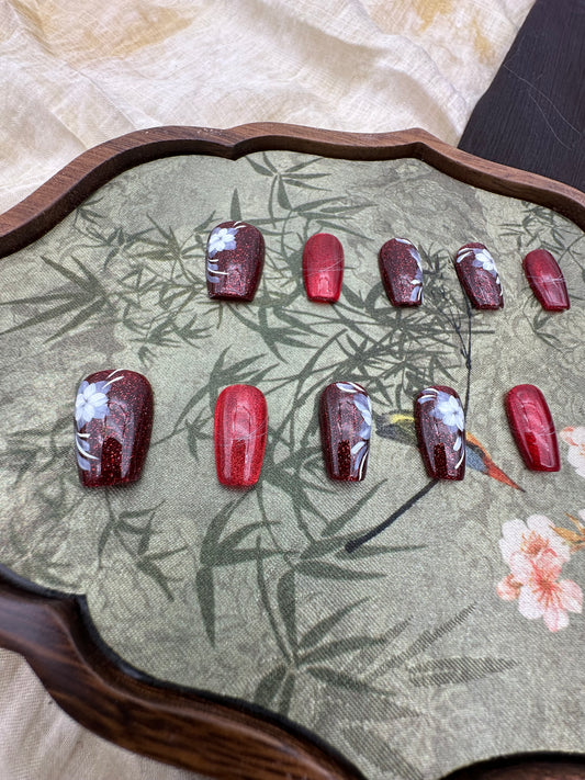 Hand painted red flowers press on nails